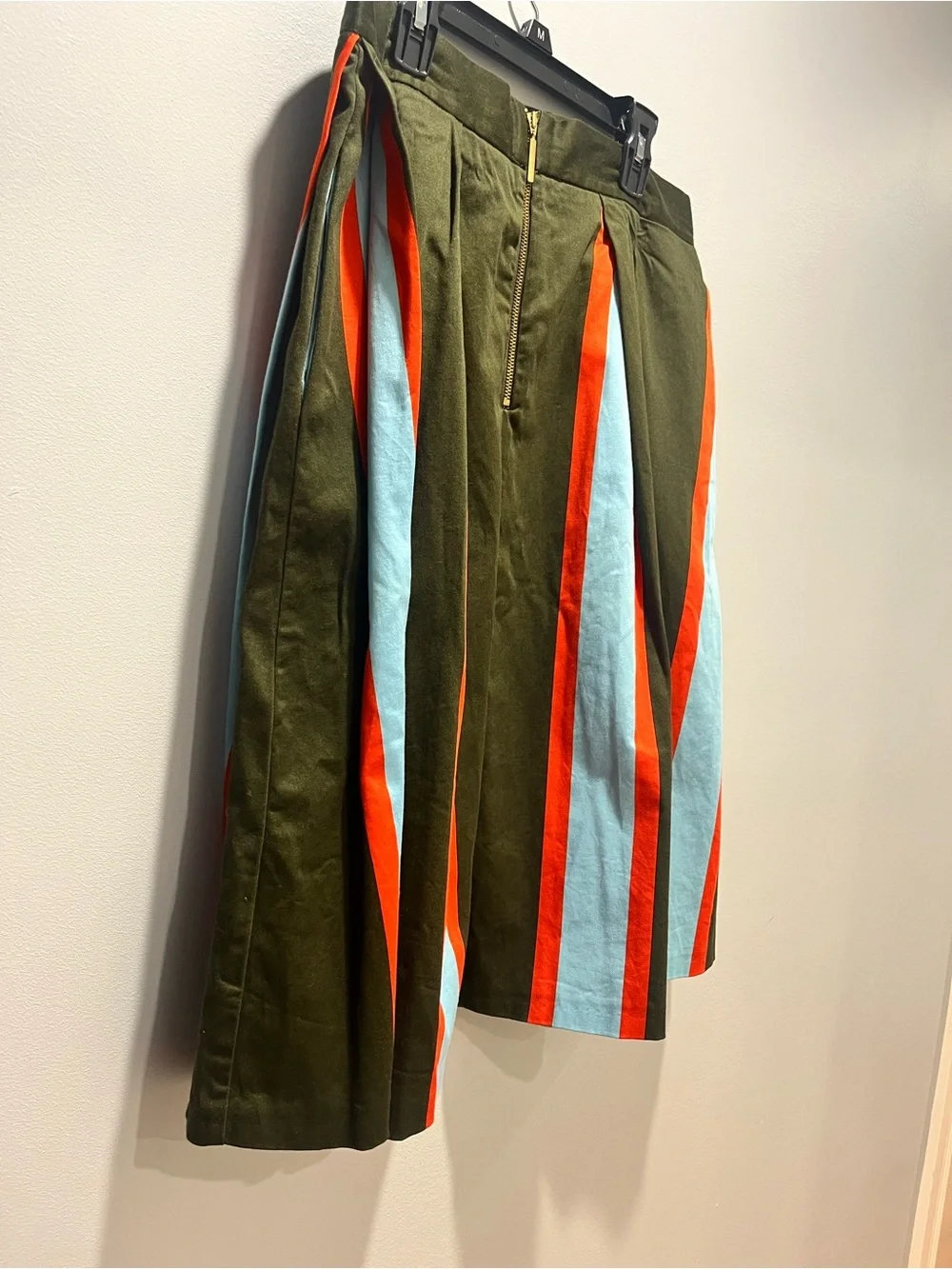 Closet London Striped Box Pleat Bell Midi Skirt Olive Green Orange Mod Size 10